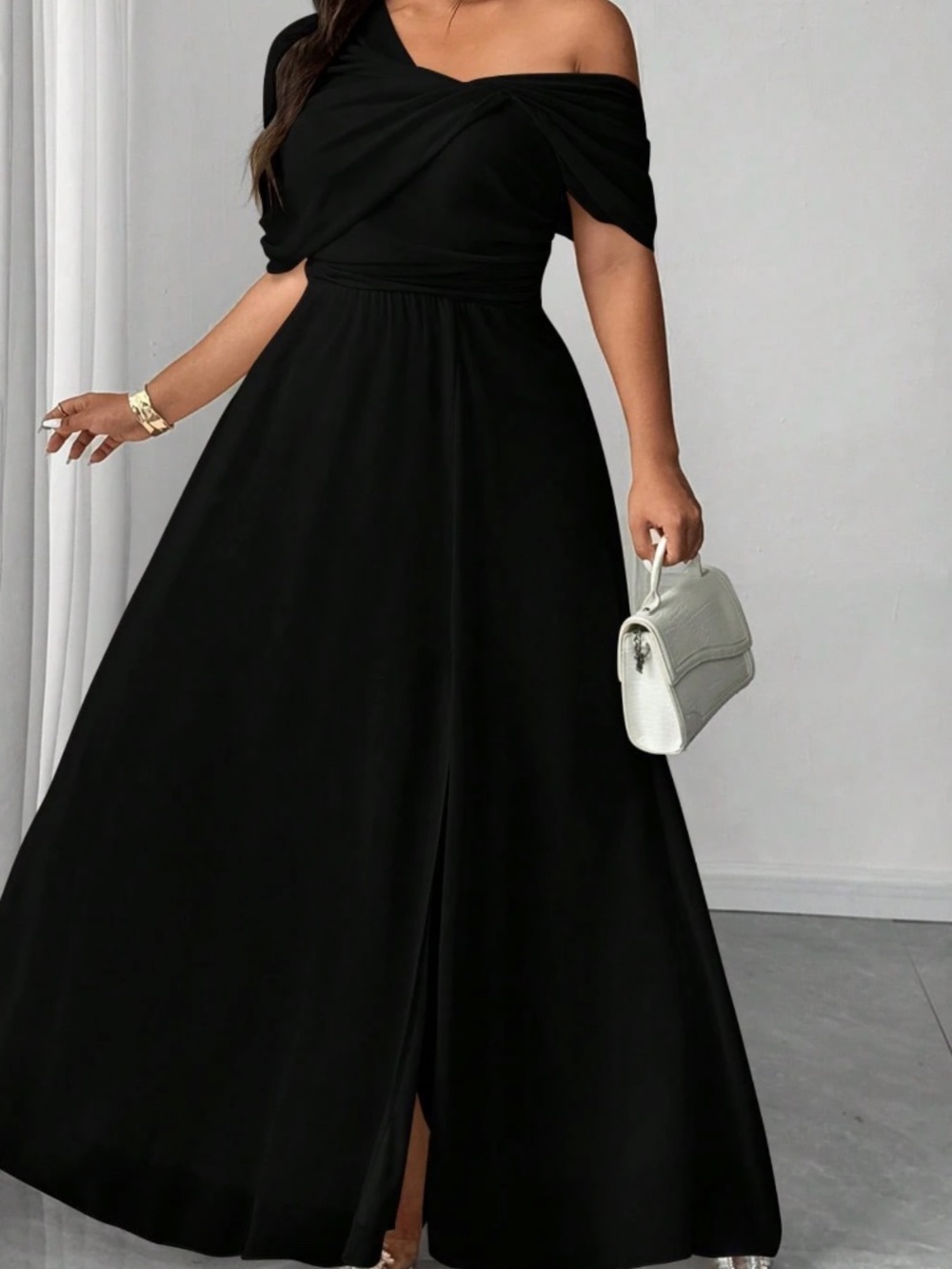 Plus Sold Ruched One Shoulder Split thigh Party Evening Dress - Picture 8 of 12